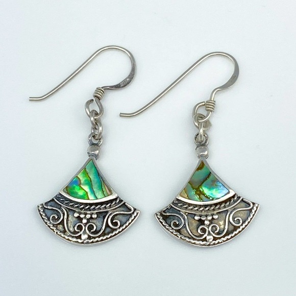 Vintage Jewelry - Vintage Sterling Silver 925 Fan Abalone Shell French Wire Dangle Earrings
